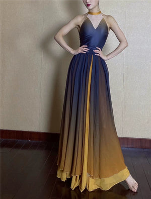 Forbidden Spring luxury Chinese-style performance set: elegant halter dance skirt with blue-yellow gradient, flowing chiffon