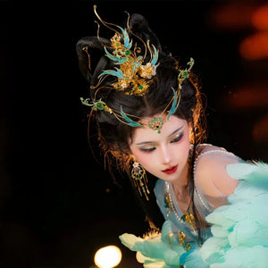 Song of the Peacock Plume – Gold-Plated Hanfu Headdress Set with Tassels & Crown Ornament - Yandan_Hanfu