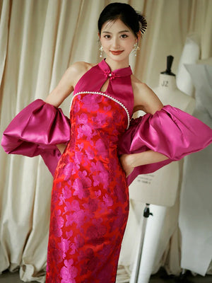 "Chuni" dragon fruit color jacquard cheongsam bride - Yandan_Hanfu