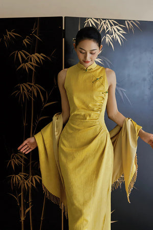 "Autumn Rhyme" Yellow Dark Pattern Cheongsam Shawl Bridal Wedding Dress Toast Dress - Yandan_Hanfu
