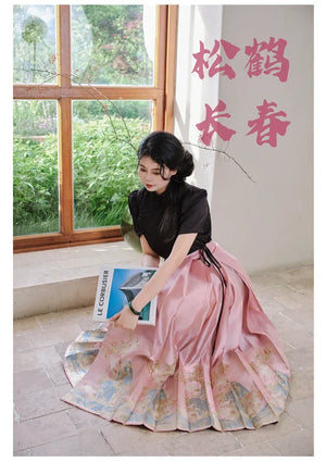 Yu Bai Green & Pink Hanfu Weaving Gold Horse Dress Crane Symphony - Yandan_Hanfu