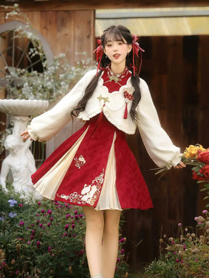 “Lucky Pony” – Red New-Year Hanfu Qipao Set | Modern Chinese Festive Outfit (Autumn/Winter) - Yandan_Hanfu