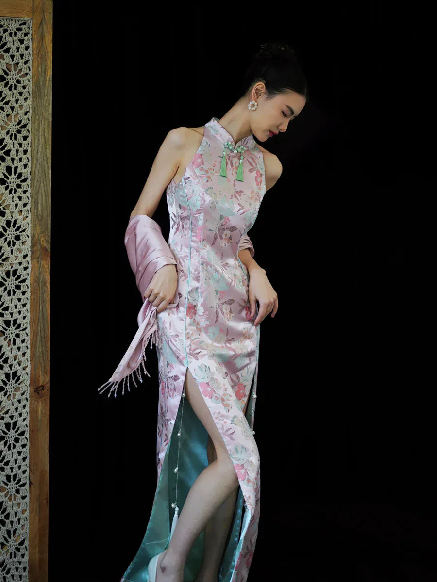 "Pink Bell" Pink Jacquard Bell Cheongsam/Qipao Shawl Bridal Dress - Yandan_Hanfu