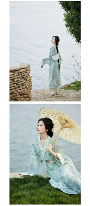 Whisper of Spring – Embroidered Blue Hanfu Dress with Waist Sash | Elegant Straight-Cut Robe in New Chinese Style - Yandan_Hanfu