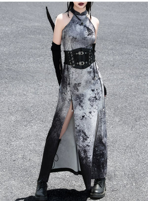 蛇魅 · Wasteland Gray Cheongsam – Split Hem, Off-Shoulder, New Chinese Style - Yandan_Hanfu