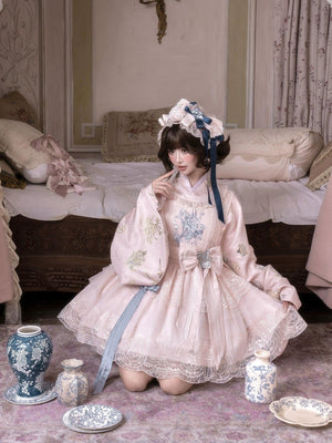 East-Meets-West Pink Two-Piece Set | Romance Embroidered Hanfu Blouse & Over Skirt - Yandan_Hanfu