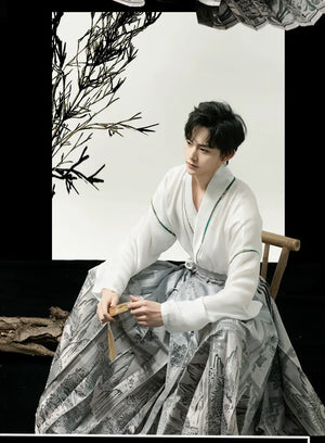 Unisex Modern Grey Hanfu Set – Cross-Collar Jacket with Brocade Ma Mian Skirt - Yandan_Hanfu