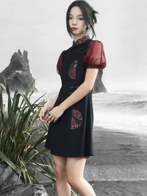 New Chinese style retro sweet and cool bubble sleeve jacquard contrasting color splicing skirt - Yandan_Hanfu