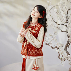 Sui’an – Winter Knit Set | Hanfu-Inspired Bijia Vest with Bow-Sleeve Top and Flowy Skirt - Yandan_Hanfu