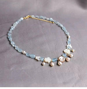 Butterfly Shell & Aquamarine Pearl Necklace – Hanfu Yingluo Accessory with Original Design - Yandan_Hanfu
