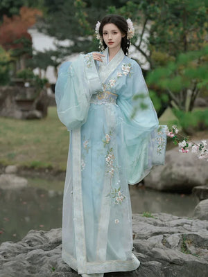 Blue Pear Blossom Moonlight – Traditional Hanfu Robe with Embroidered Jacquard Train - Yandan_Hanfu