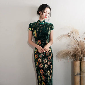 Floral pattern, long jacquard silk-satin cheongsam - Yandan_Hanfu