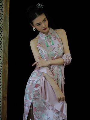 "Pink Bell" Pink Jacquard Bell Cheongsam/Qipao Shawl Bridal Dress - Yandan_Hanfu