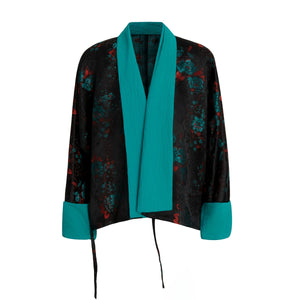 Black jacquard pinafore dress and aqua floral inner layer clean product flat view
