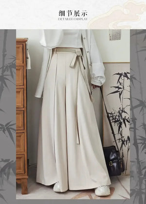 Tied Harmony – Unisex Wide-Leg Pants | New Chinese Style High-Waist Pleated Trousers with Belted Design - Yandan_Hanfu