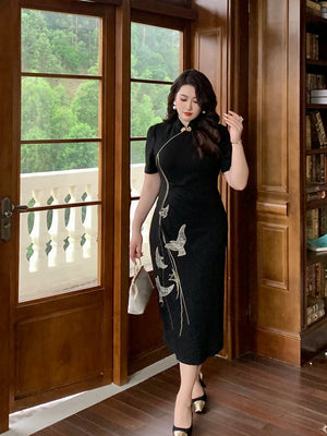 New Chinese style embroidered black plus size cheongsam/qipao dress - Yandan_Hanfu
