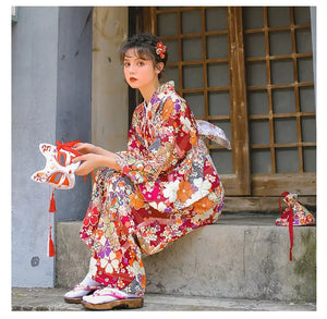 Dark red Japanese retro improved kimono Japanese yukata, fireworks kimono dress