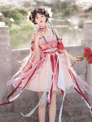Red Hanfu Dress New Chinese Feather Rust Waist Seal Suspender Skirt - Yandan_Hanfu