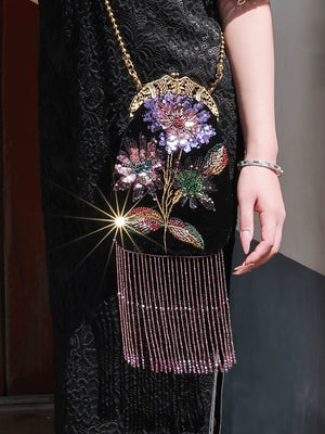 Embroidered Butterflies Black Bag | Canvas Crossbody with Beaded Chain - Yandan_Hanfu