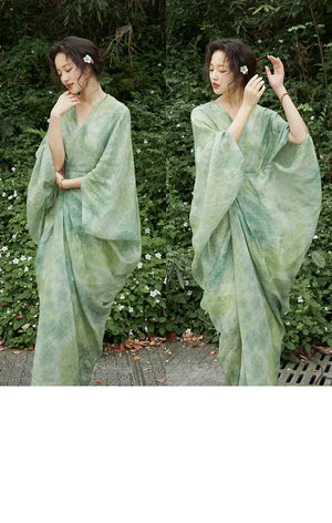 100% Ramie Modern Chinese Dress – Green Tie-Dye Print with Loose Silhouette & Camisole Layer - Yandan_Hanfu