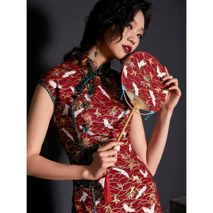 Button cheongsam pure cotton printed crane split skirt - Yandan_Hanfu