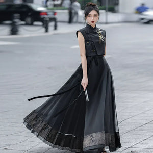 Oriental Grace – Hanfu-Inspired Set | Embroidered Bamboo Tassel Vest with Qipao Collar Top & Mamian Skirt - Yandan_Hanfu