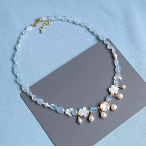 Butterfly Shell & Aquamarine Pearl Necklace – Hanfu Yingluo Accessory with Original Design - Yandan_Hanfu