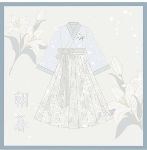 Illustration of Blue&Pink Modern Hanfu Women's Chinese Style Dress with floral lace design, ideal for showcasing product details.