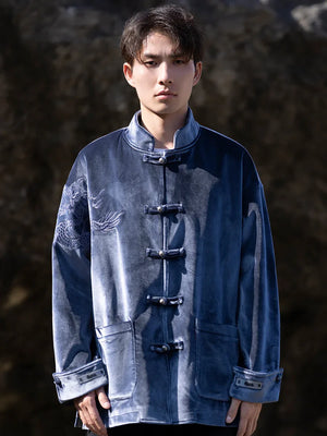 New Chinese Tang style men's button top autumn and winter coat golden velvet - Yandan_Hanfu