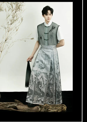 Unisex Modern Grey Hanfu Set – Cross-Collar Jacket with Brocade Ma Mian Skirt - Yandan_Hanfu