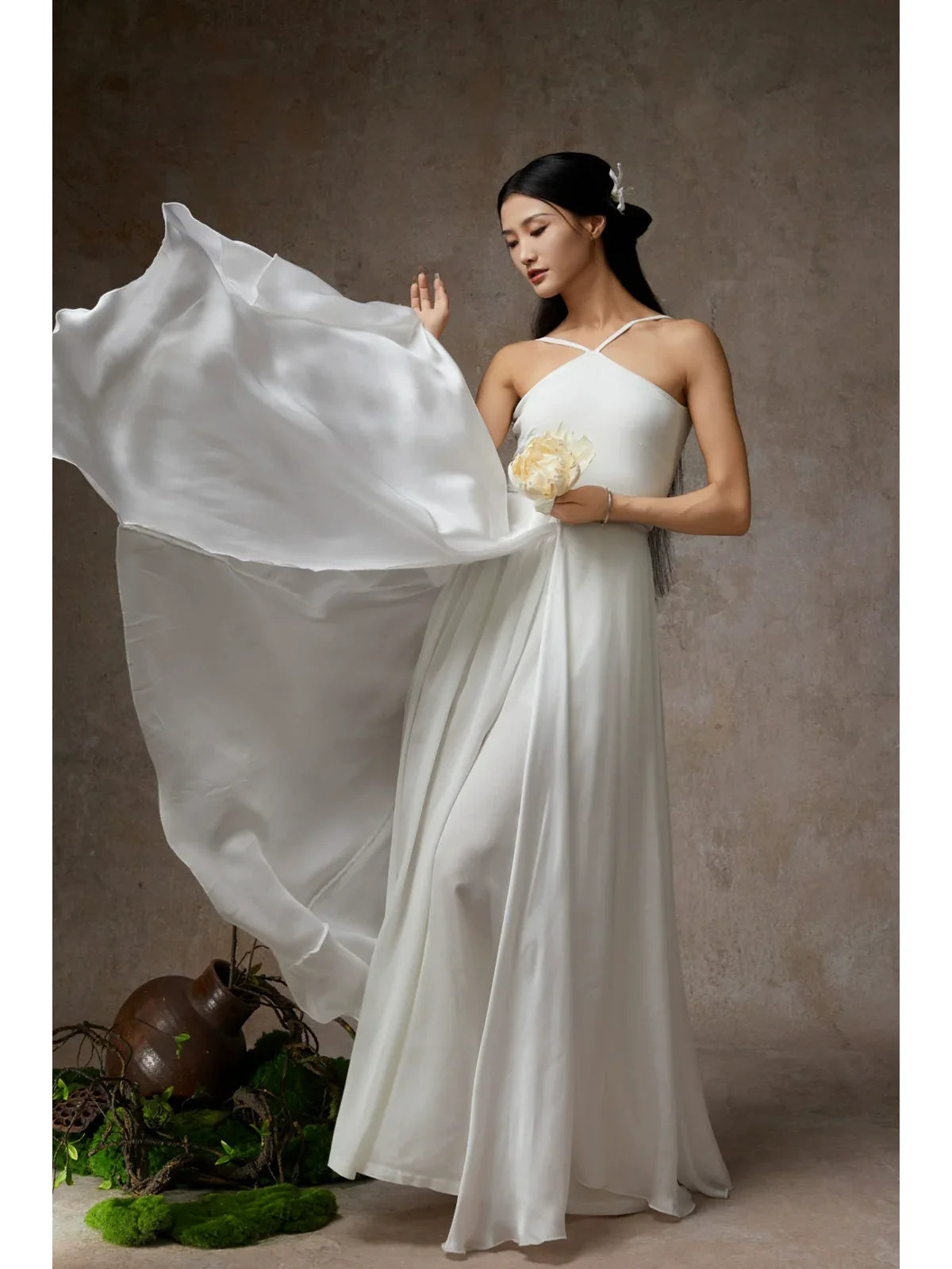 solid halter dress Elegant Maxi – Flowing High-Slit Skirt for Dance & White suspender Skirt (with detachable chest pad) (zipper on the side, elastic MBottoms