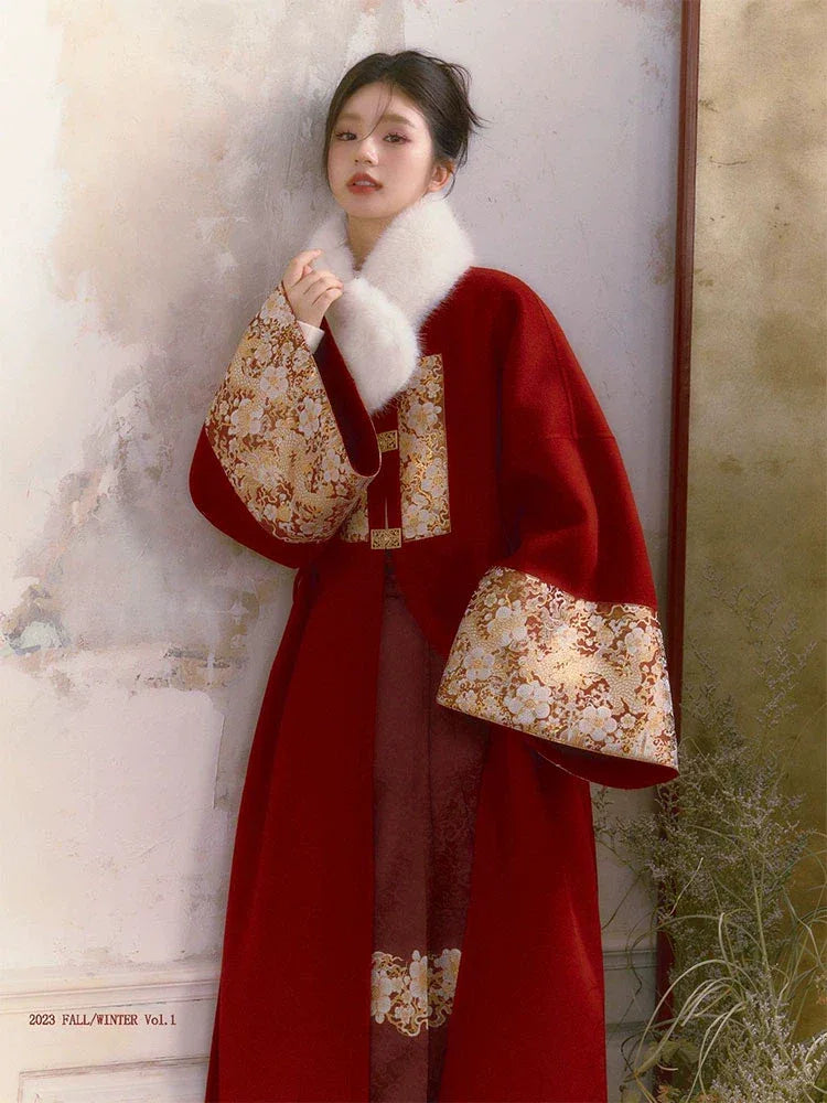 New Chinese style double-sided cashmere collar sweater with square collar, red coat coat, autumn and winter dress - Yandan_Hanfu