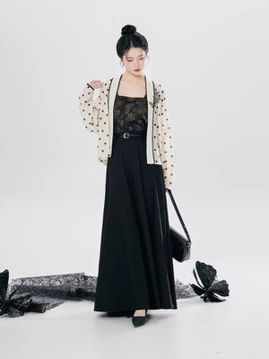 Yunmo Xingshu modern Song hanfu set with polka dot top and black skirt