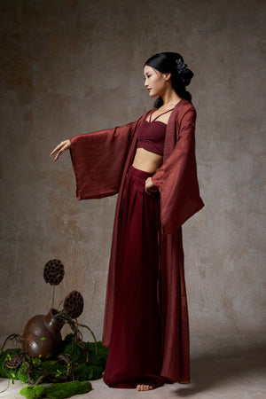 Elegant wine red sheer tencel dance cardigan, model in classical dance pose