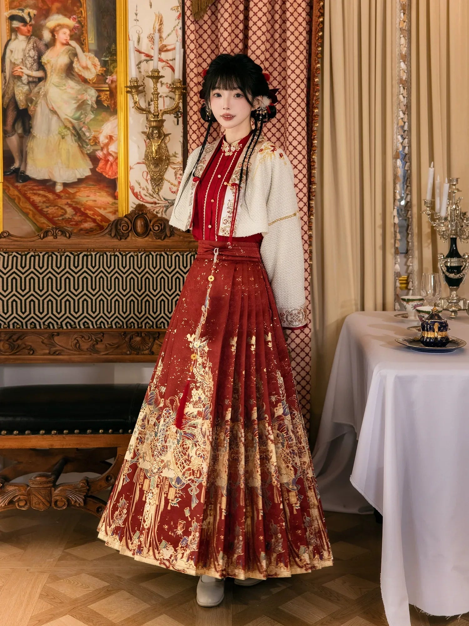 chinese red and gold dress Lantern Banquet Red Hanfu Set Women's Wedding Outfit with Woven Gol