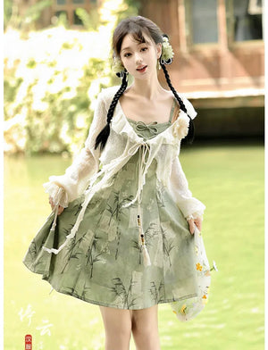 【Whisper of Bamboo】 Sweet Hanfu-Inspired Dress – Modern Chinese Style with Camisole Design - Yandan_Hanfu