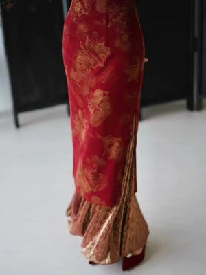 Lotus Step – Red Mermaid Qipao for Wedding, Engagement & Tea Ceremony - Yandan_Hanfu