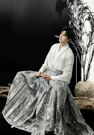 Unisex Modern Grey Hanfu Set – Cross-Collar Jacket with Brocade Ma Mian Skirt - Yandan_Hanfu