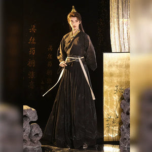 Black&Gold Tang-Style Hanfu Couple Set – Traditional Chinese Outfit with Wide-Sleeve Robe & Printed Hezi Skirt - Yandan_Hanfu