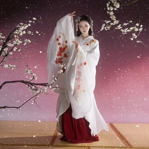 “Camellia Snow” White Battle-Robe Set | Original Embroidered Hanfu Inspired by the Warring States - Yandan_Hanfu