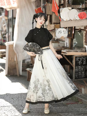 Modern Hanfu outfit with black short-sleeve top and white floral print pleated skirt, ideal for spring and summer wear.
