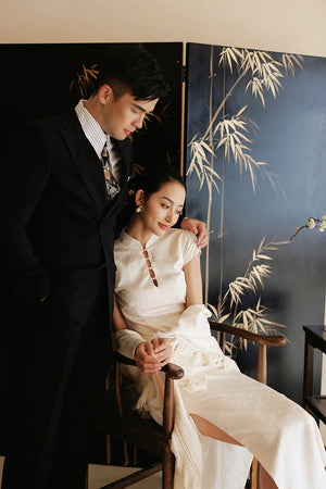 "Xi Zhu" White Dark Pattern Tassel Shawl Cheongsam Bride Wedding Dress Engagement - Yandan_Hanfu