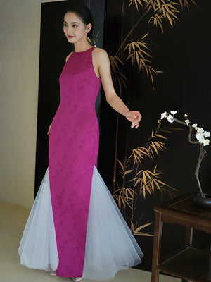 "Rose Hairpin" Dragon Fruit Color Piece Cheongsam Bridal Wedding Dress Engagement - Yandan_Hanfu