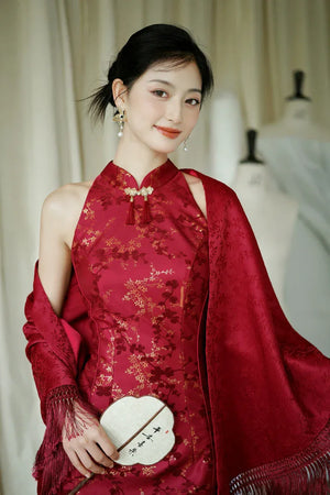 "Jubilee Bell" Red Cheongsam Shawl Bridal Toast Engagement Dress - Yandan_Hanfu