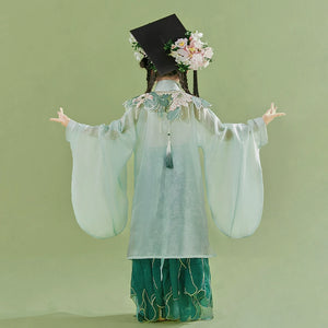 Back view of Green girls Hanfu 2025 children's ancient clothing Chinese style supe showing floral headpiece and long sheer sleeves.