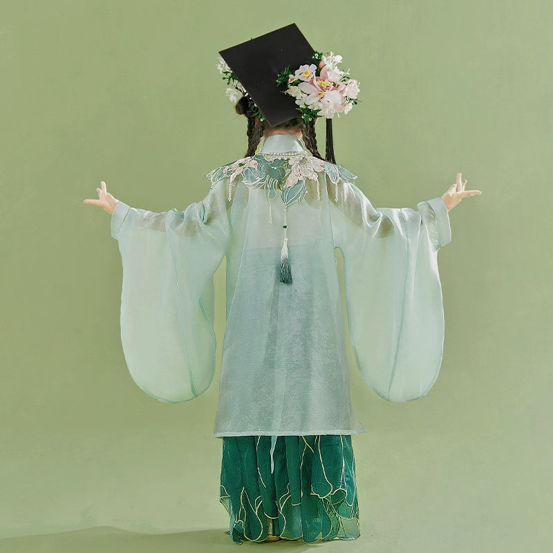 Back view of Green girls Hanfu 2025 children's ancient clothing Chinese style supe showing floral headpiece and long sheer sleeves.
