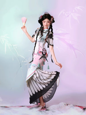 Blush Kite Qipao – Layered Faux Two-Piece Cheongsam in Modern Hanfu Style - Yandan_Hanfu