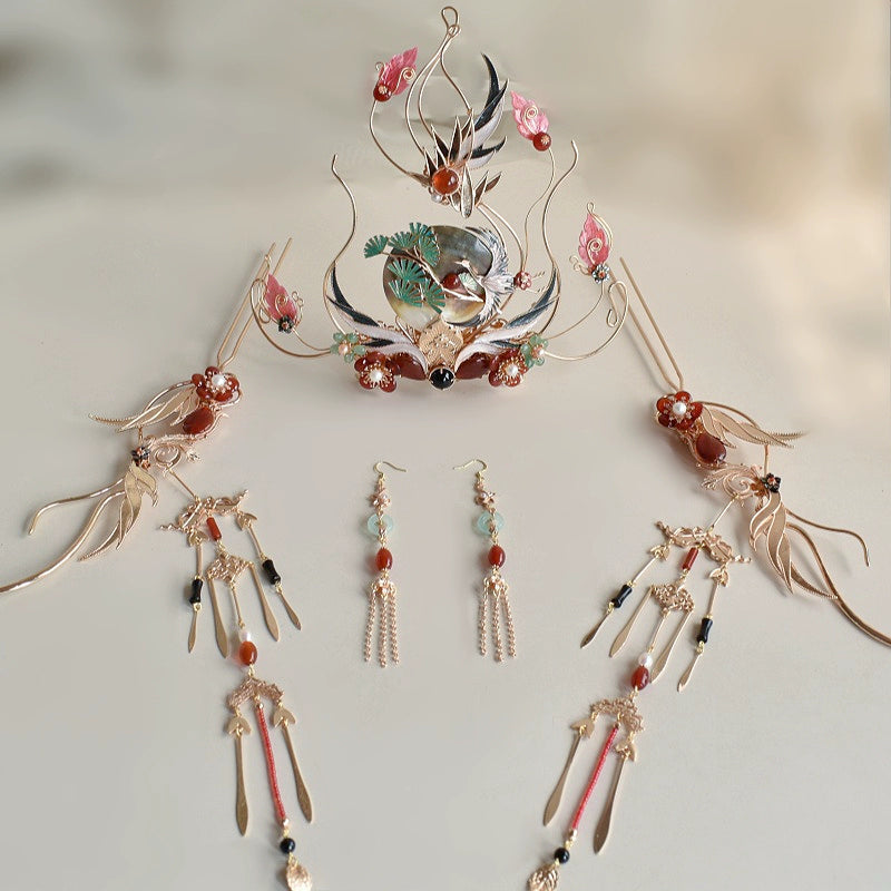 Graceful Crane Shadow – Hanfu Hair Jewelry Set with Crown & Hairpin Inspired by Chinese Symbolism
