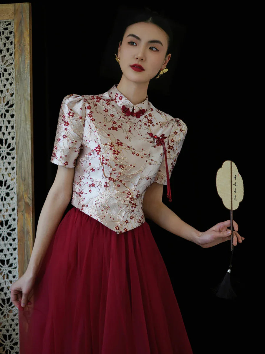 "Mei Xue Gauze Dress Set" Bridal Red Engagement Dress Cheongsam Xiuhe Dress - Yandan_Hanfu