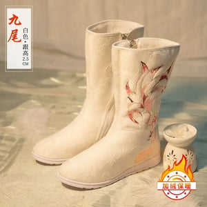 Hanfu Embroidered Boots – Women's White Fox Traditional Chinese Style Winter Boots - Yandan_Hanfu